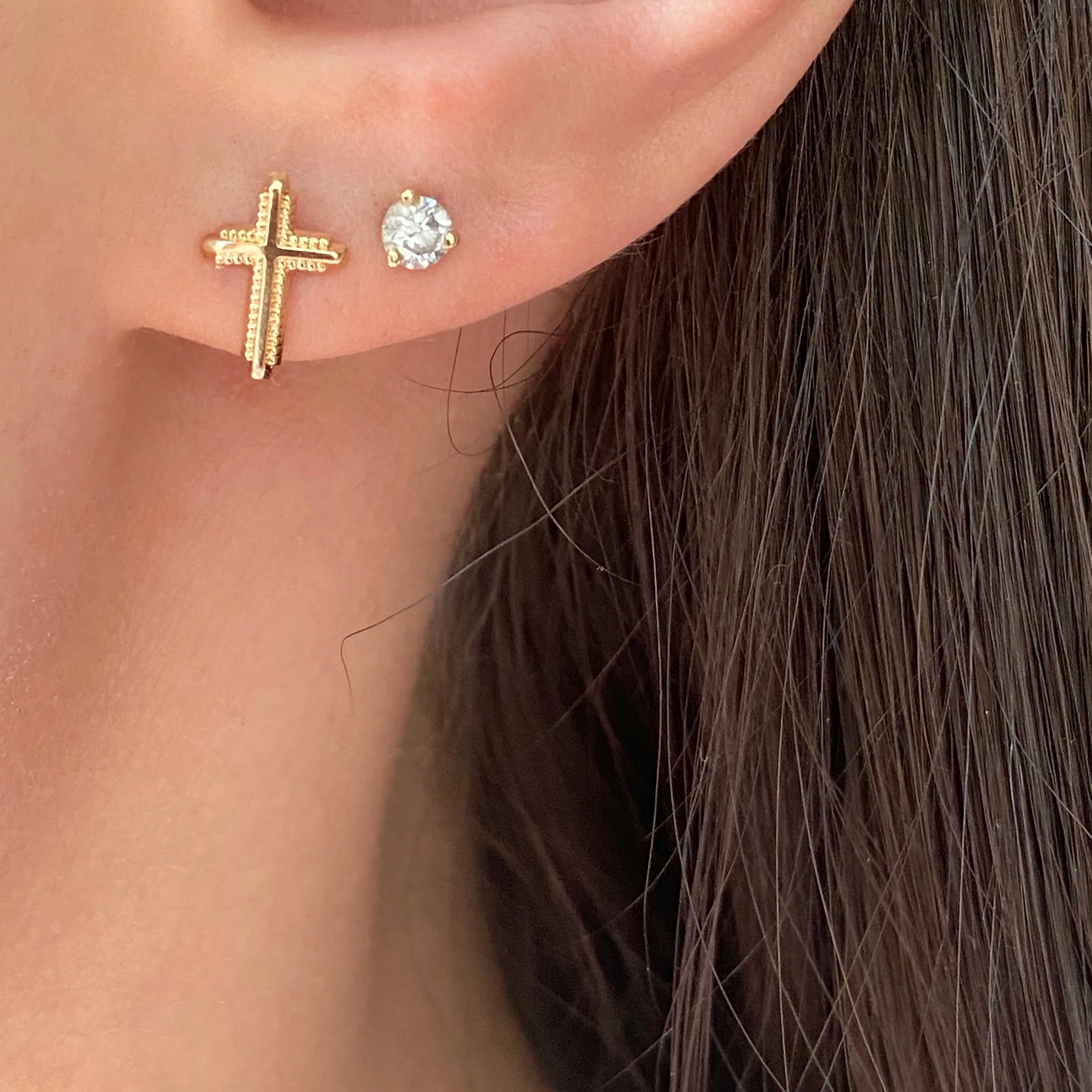 14KT Yellow Gold Bubbled Mini Cross Post Stud Earrings
