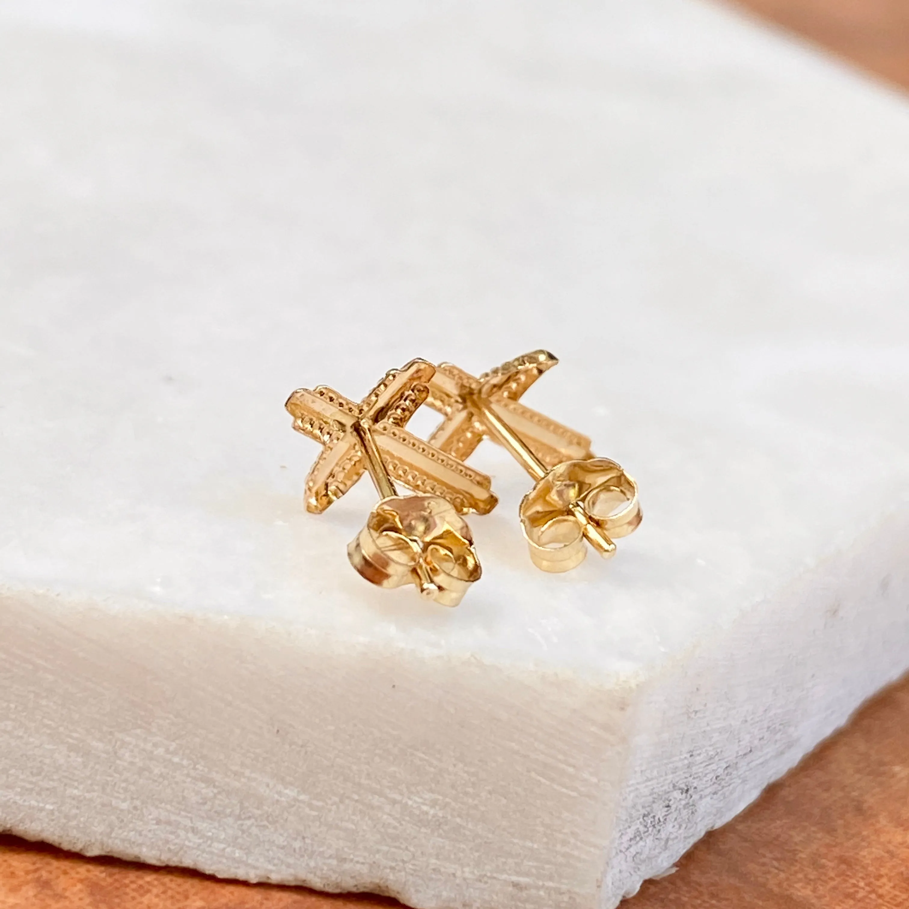14KT Yellow Gold Bubbled Mini Cross Post Stud Earrings