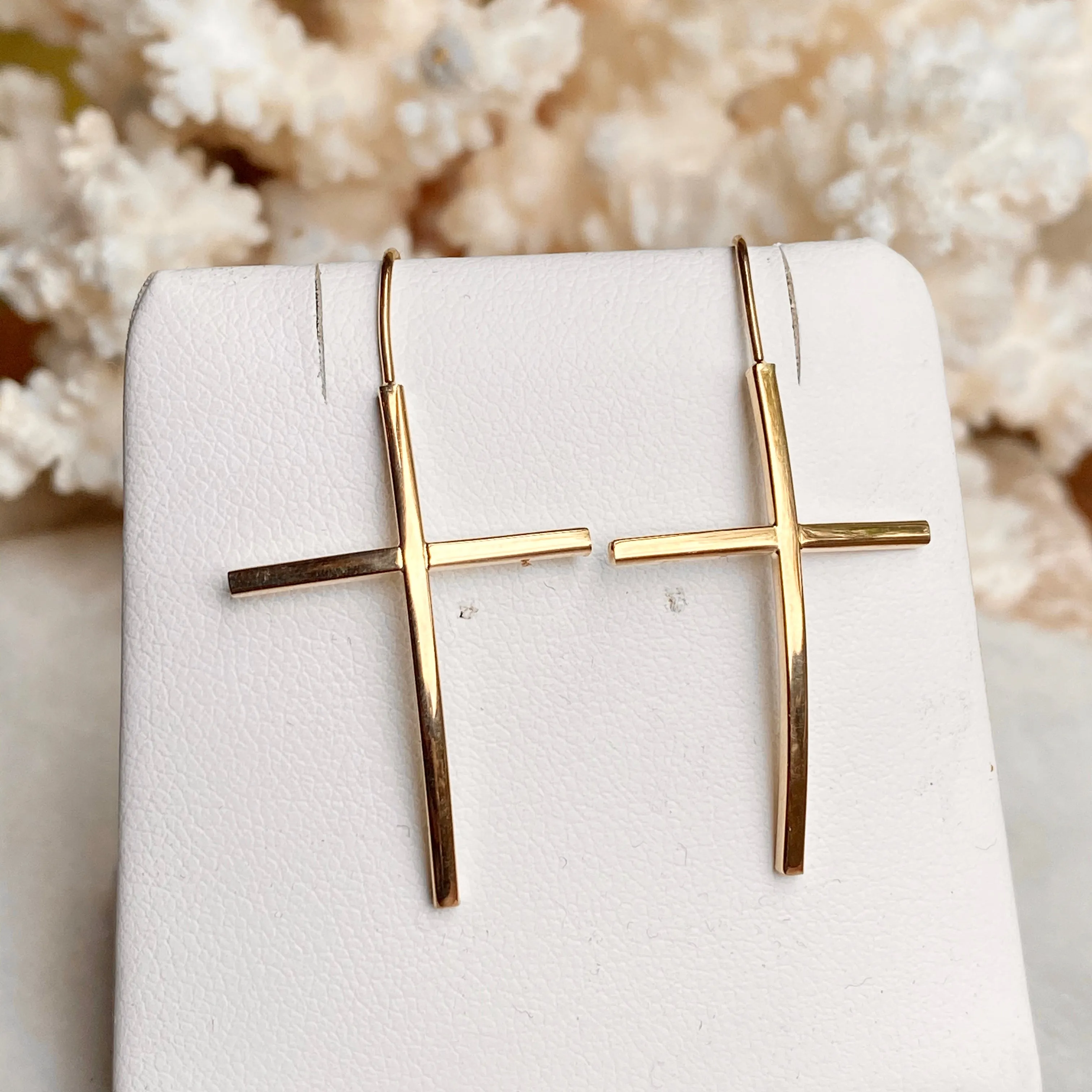 14KT Yellow Gold Curved Cross Ear Wire Dangle Earrings