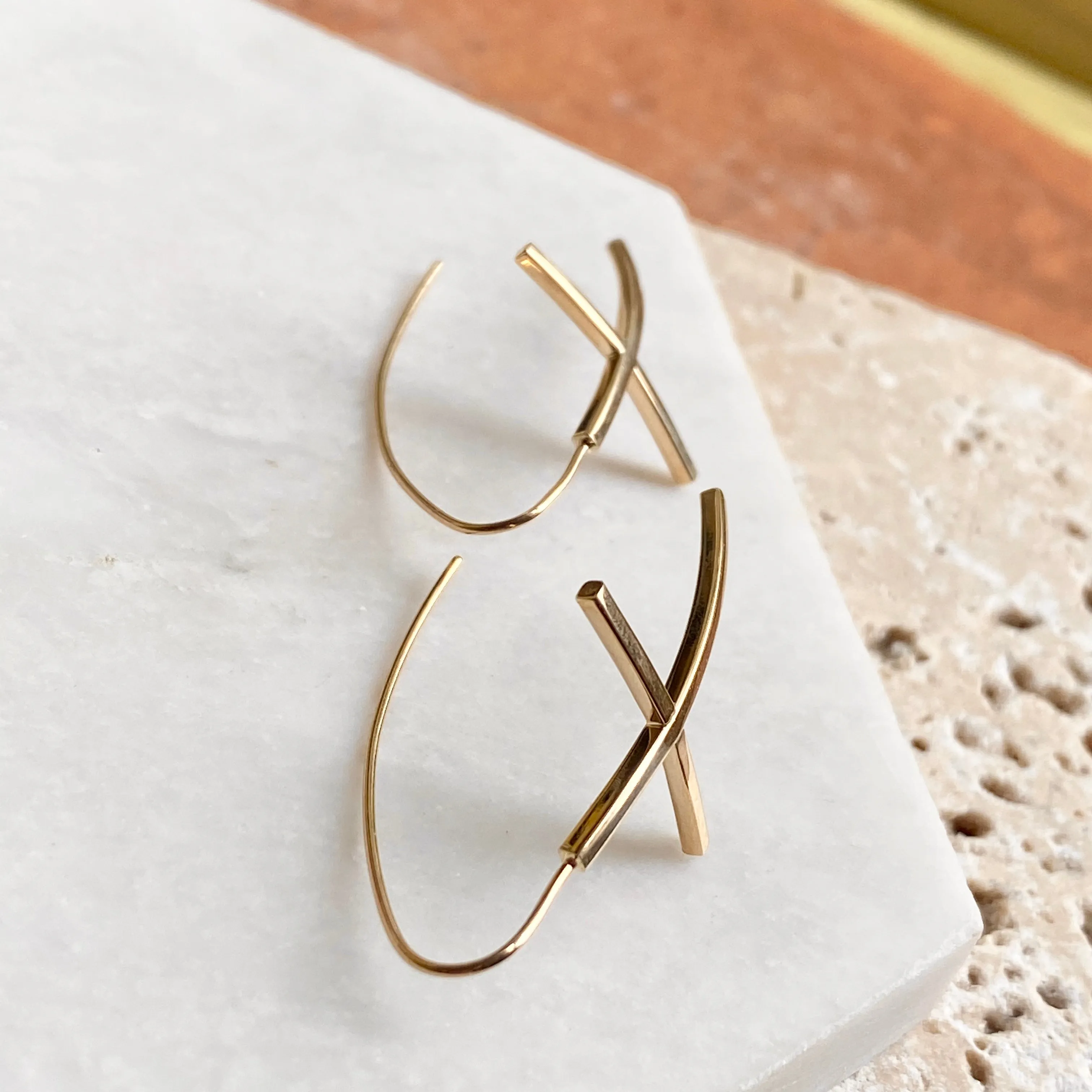 14KT Yellow Gold Curved Cross Ear Wire Dangle Earrings