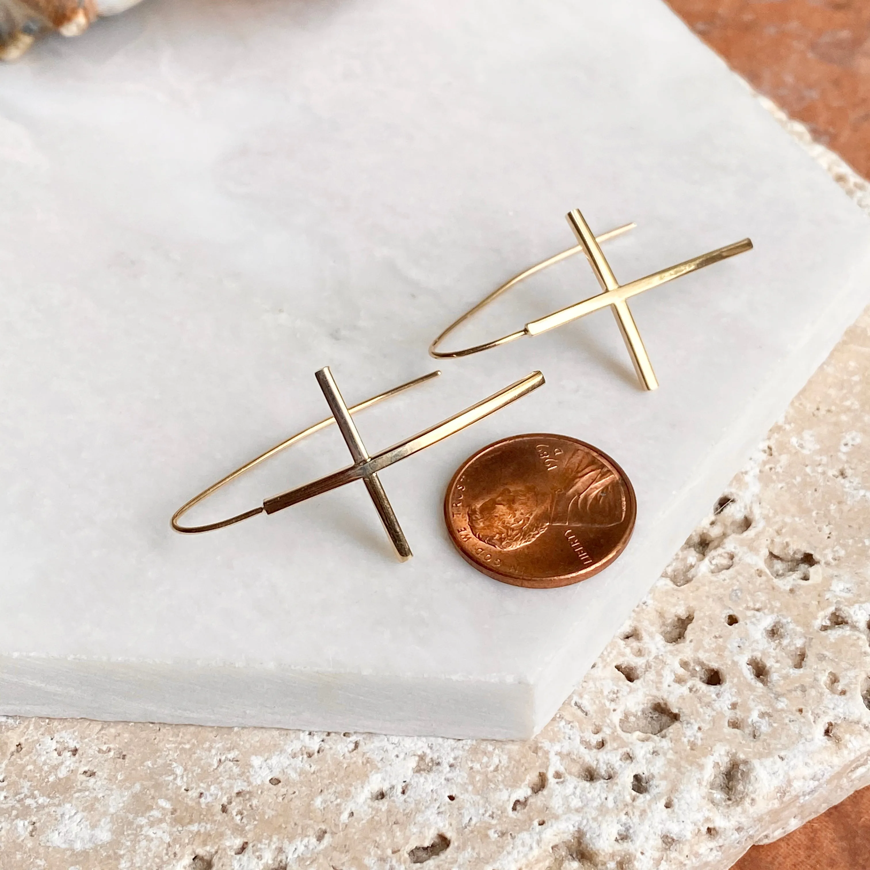 14KT Yellow Gold Curved Cross Ear Wire Dangle Earrings