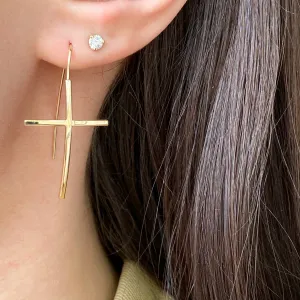 14KT Yellow Gold Curved Cross Ear Wire Dangle Earrings
