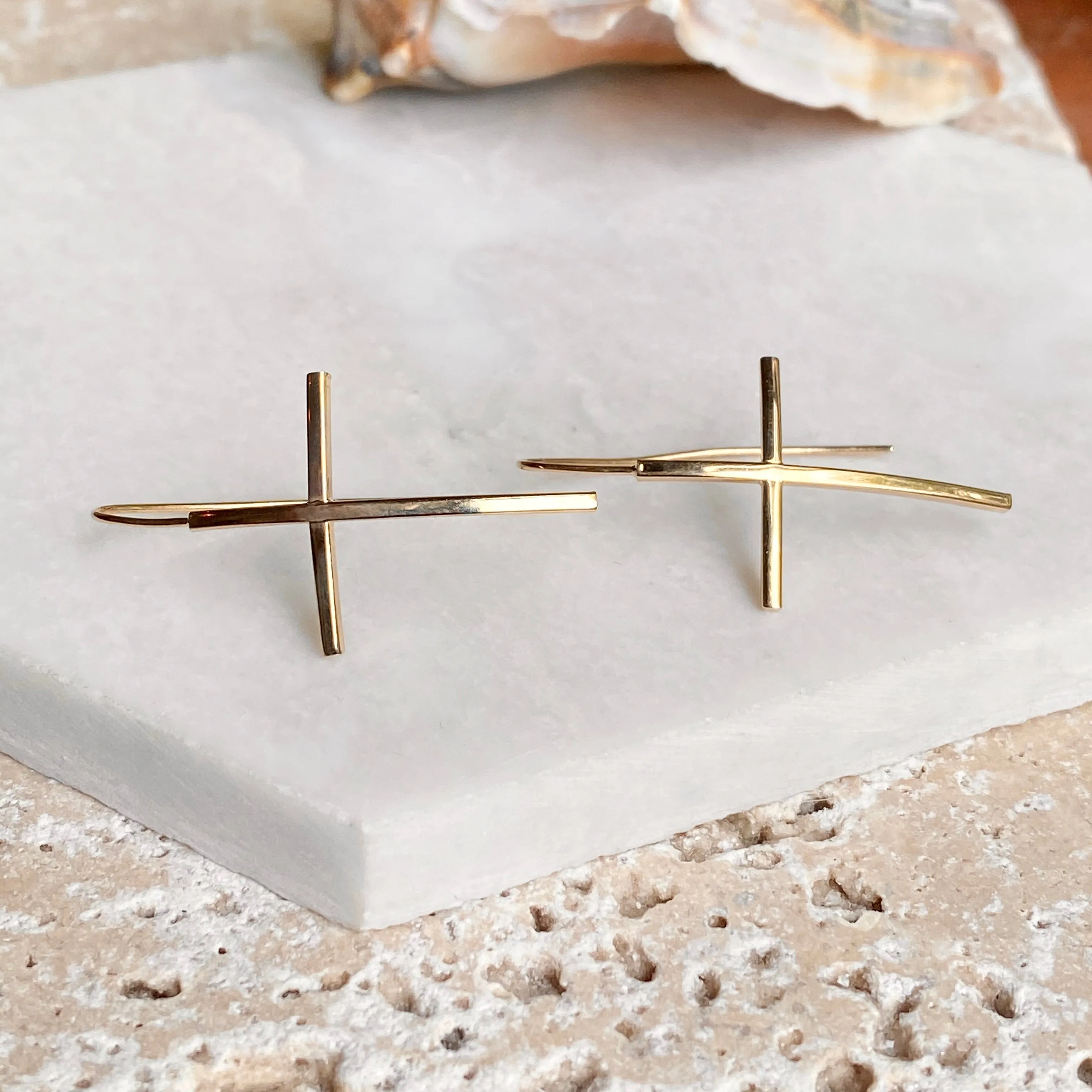 14KT Yellow Gold Curved Cross Ear Wire Dangle Earrings