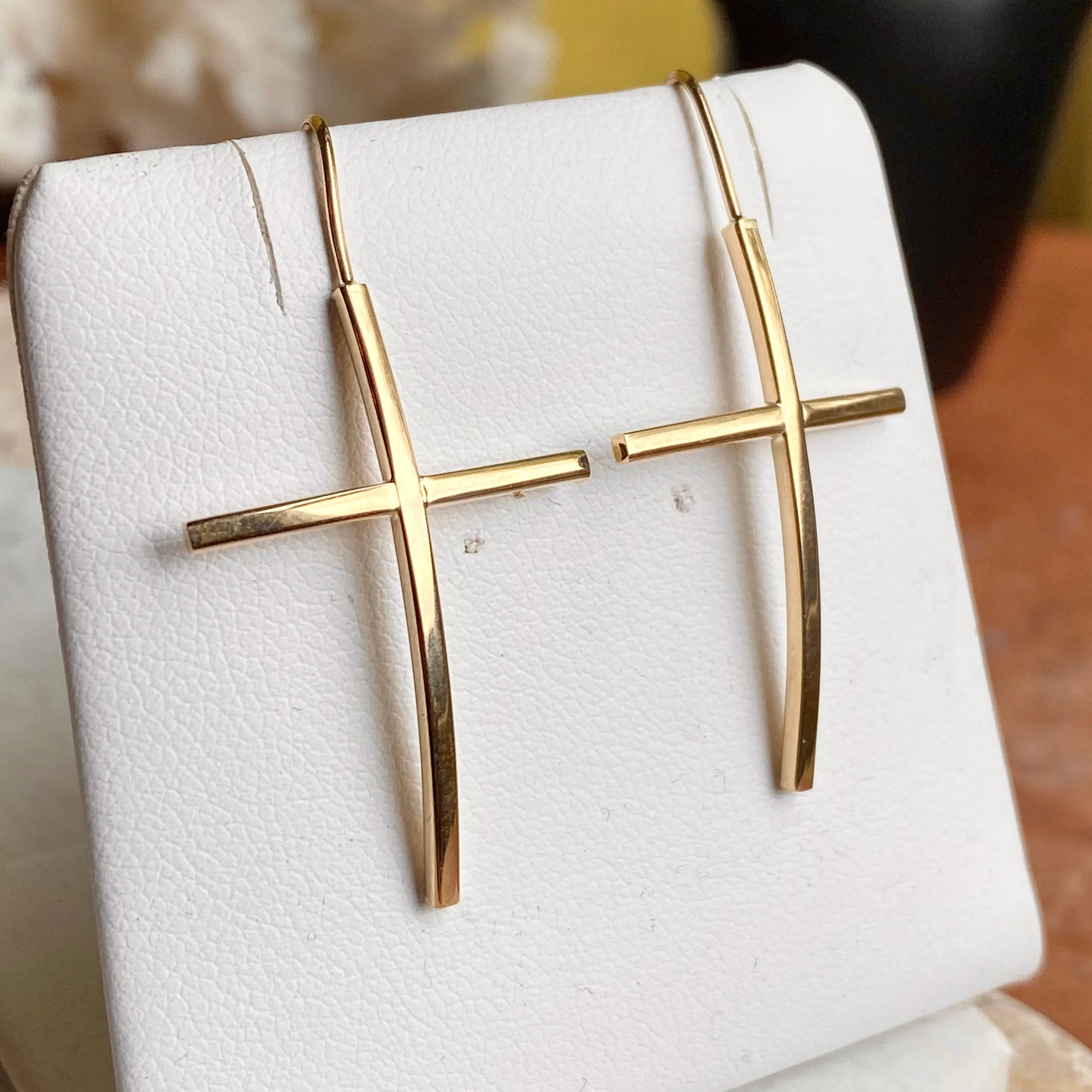 14KT Yellow Gold Curved Cross Ear Wire Dangle Earrings