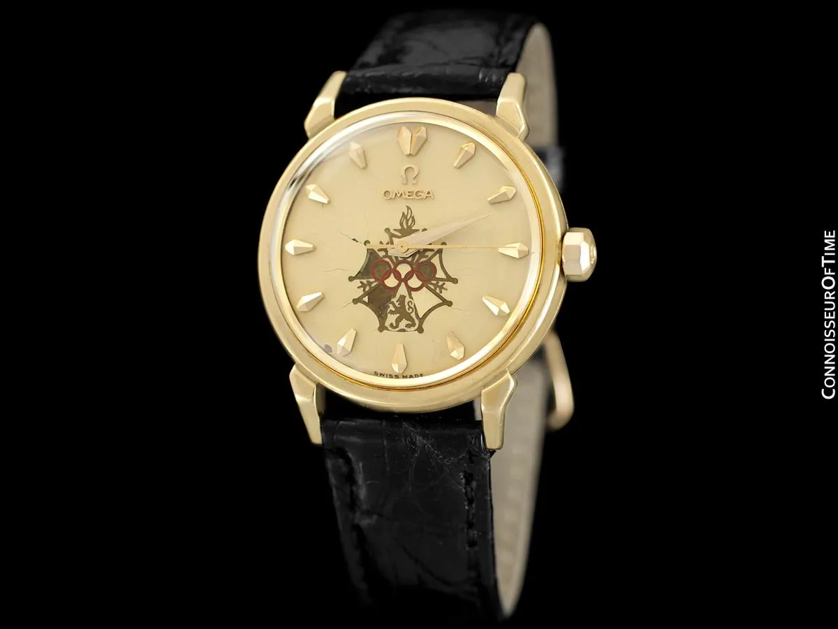 1956 Omega Seamaster Olympic XVI Mens Vintage 18K Gold Watch - Very Rare Cross of Merit Dial