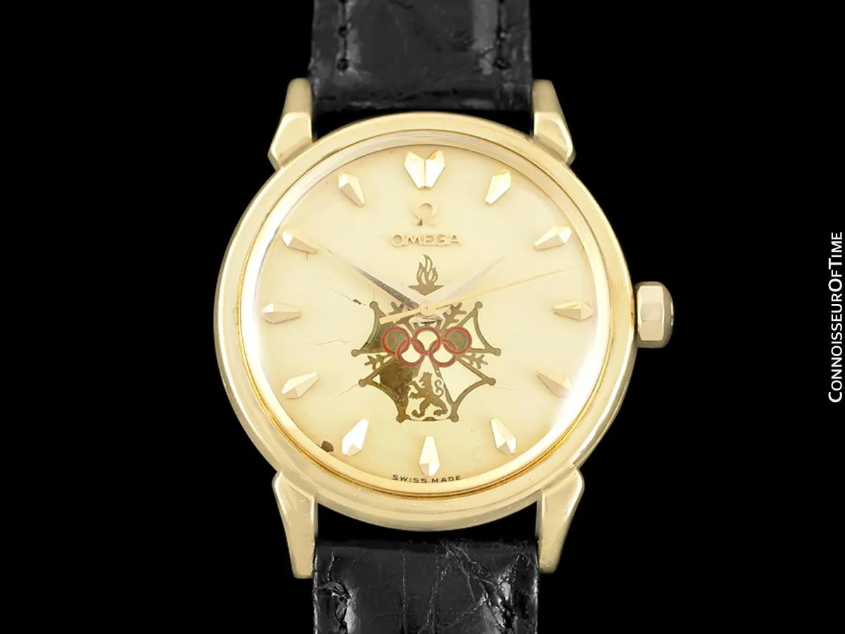 1956 Omega Seamaster Olympic XVI Mens Vintage 18K Gold Watch - Very Rare Cross of Merit Dial