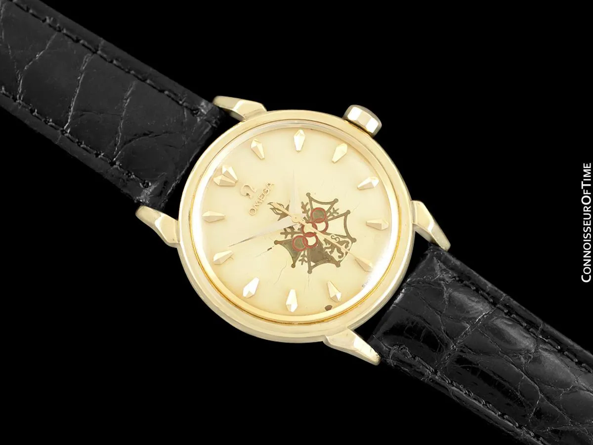 1956 Omega Seamaster Olympic XVI Mens Vintage 18K Gold Watch - Very Rare Cross of Merit Dial