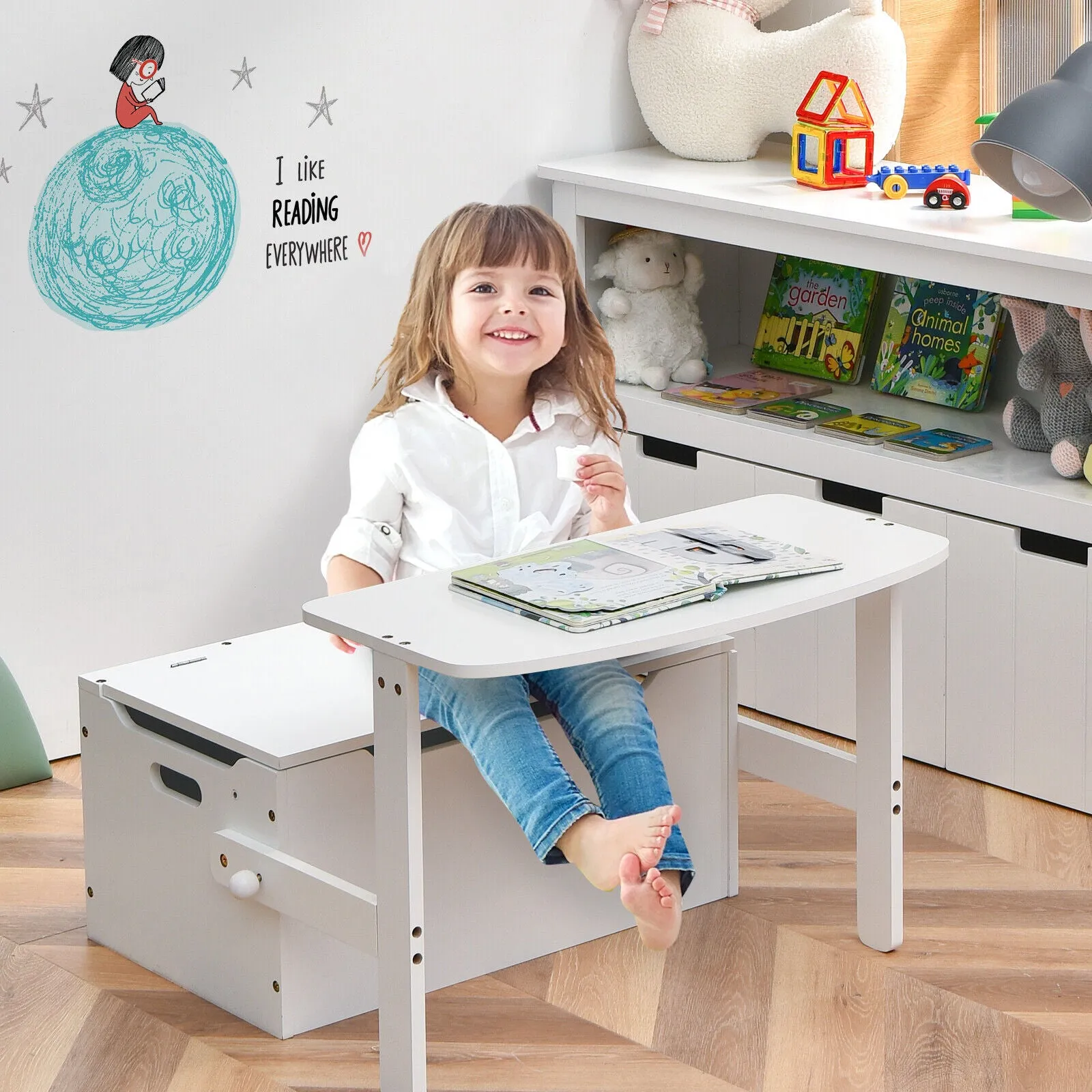 3-in-1 Kids Table and Chair Set | Activity Bench | Wooden Toy Storage Box | 3-7 Years