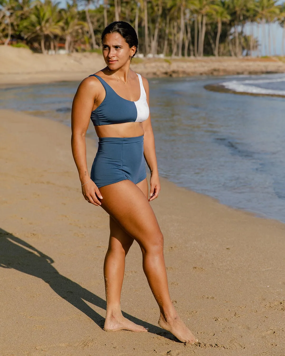 All Day High-Waisted Bikini Bottom - Ivory Map of Dreams / Celestial Blue