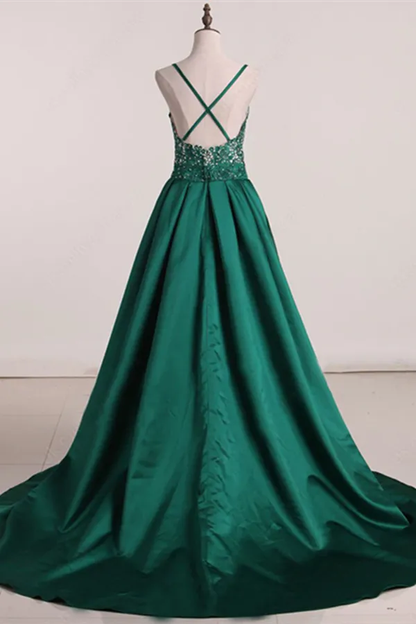 Anneprom Beautiful A line Prom Dresses Long Spaghetti Straps Dark Green Prom Dress Evening Dresses APP0615