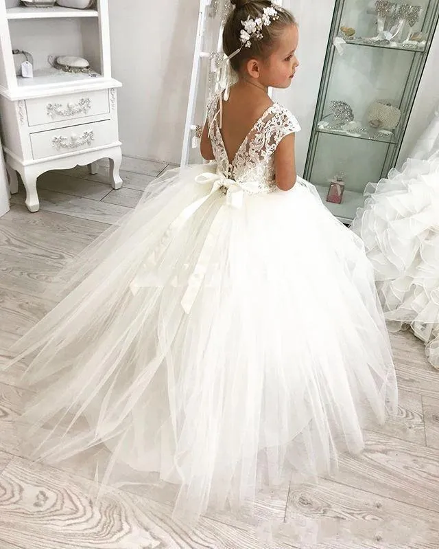 Anneprom White Ball Gown Flower Girl Dresses For Weddings Jewel Backless Short Sleeve Kids Dresses APF0001