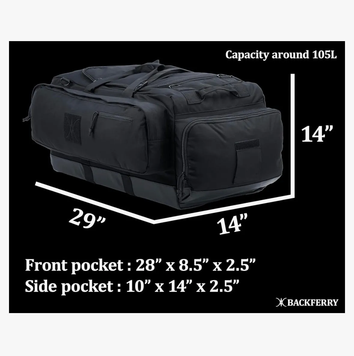BACKFERRY Large Duffle Bag Duffel Pack with Backpack Shoulder Straps and Shoes Compartment 105L for Sports Travel Hunting Camping.