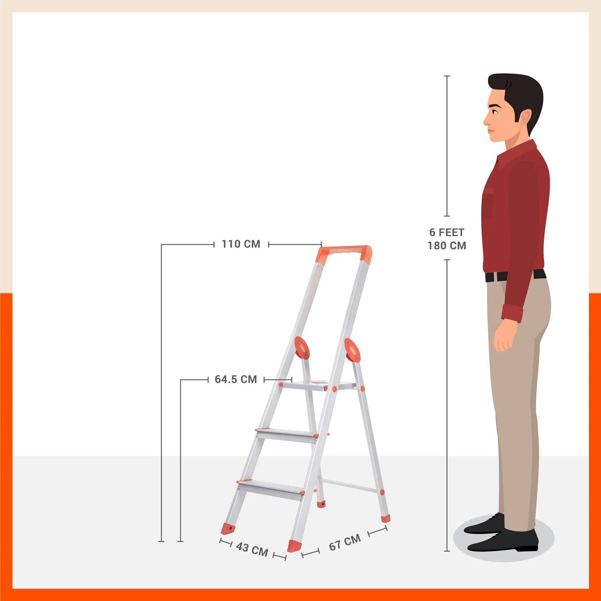 Bathla Prime 3 - Step Aluminium Ladder for Home with Multi Utility Support Handle - Orange