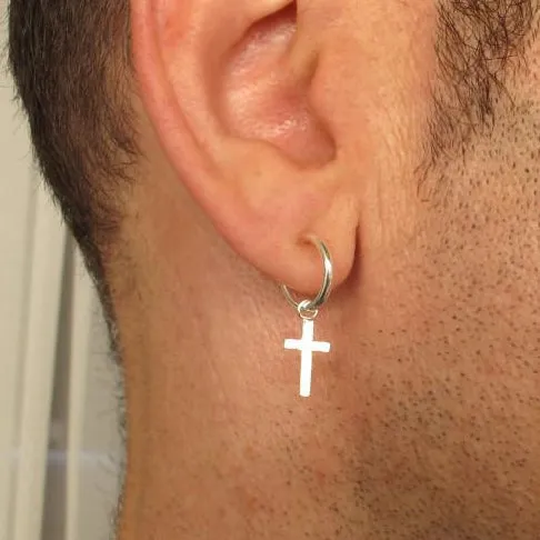 Black Rustic Cross Earrings for Men Oxidized Sterling Silver