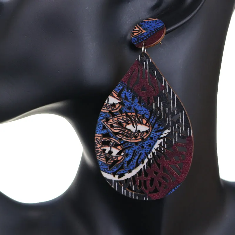 Blue Brown Multicolor Evil Eye Wooden Teardrop Earrings