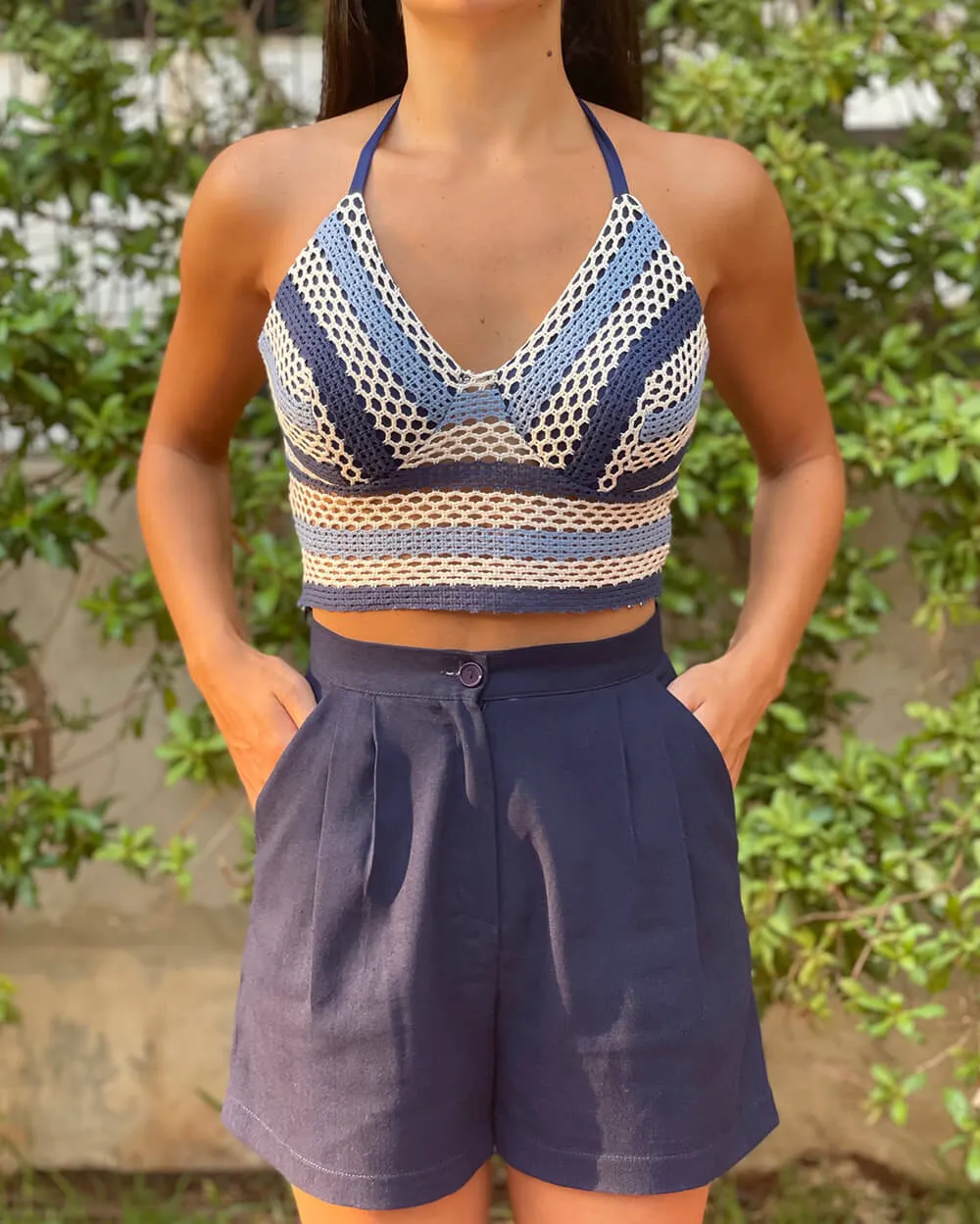 Blue Crochet Halter Neck Crop Top