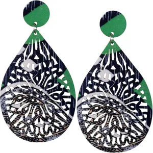 Blue Green Multicolor Evil Eye Wooden Teardrop Earrings