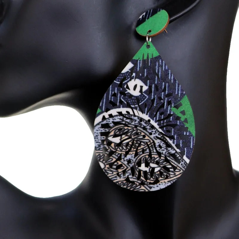 Blue Green Multicolor Evil Eye Wooden Teardrop Earrings
