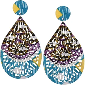 Blue Purple Multicolor Evil Eye Wooden Teardrop Earrings