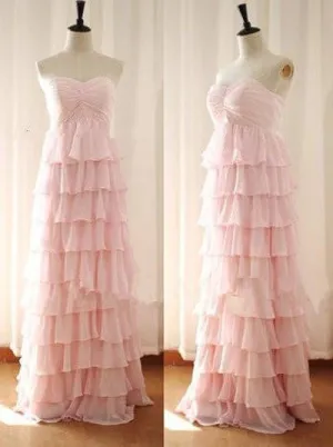 Blush Pink Prom Dress,Elegant Pink Layered Chiffon Evening Dress,Long Chiffon Pink Bridesmaid Dress