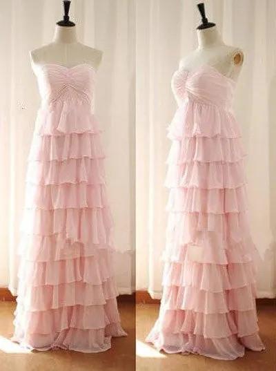 Blush Pink Prom Dress,Elegant Pink Layered Chiffon Evening Dress,Long Chiffon Pink Bridesmaid Dress