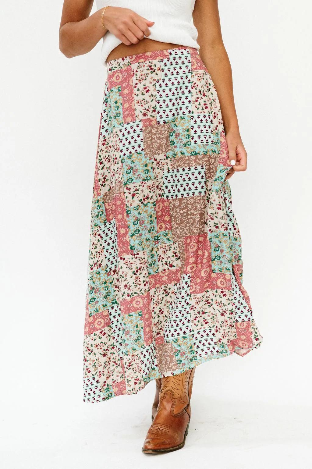 Bradyn Patchwork Print Skirt in Pink