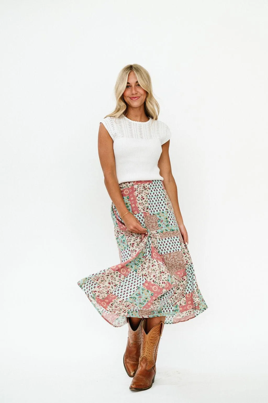 Bradyn Patchwork Print Skirt in Pink