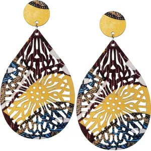 Brown Yellow Multicolor Evil Eye Wooden Teardrop Earrings