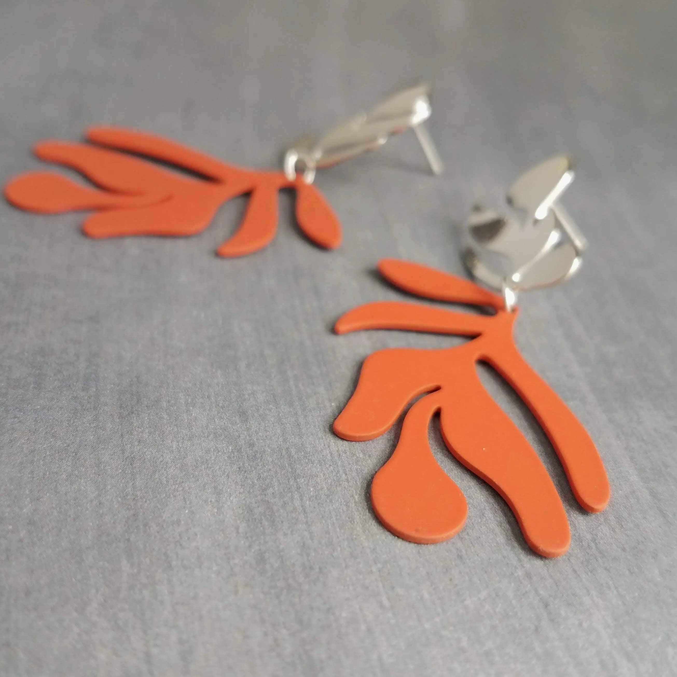 Burnt Orange Earrings, matte orange leaf earring, tropical leaf earring, monstera leaf, tropical earring, beach earring, large lightweight