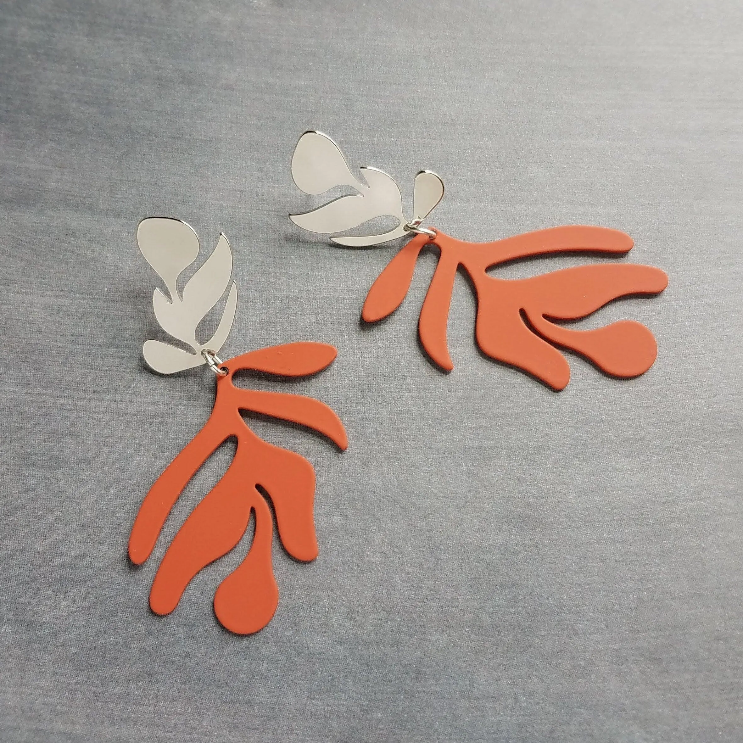 Burnt Orange Earrings, matte orange leaf earring, tropical leaf earring, monstera leaf, tropical earring, beach earring, large lightweight