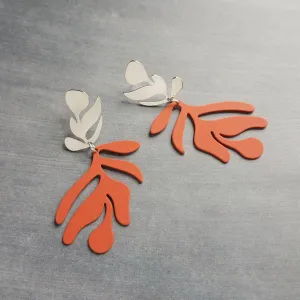 Burnt Orange Earrings, matte orange leaf earring, tropical leaf earring, monstera leaf, tropical earring, beach earring, large lightweight