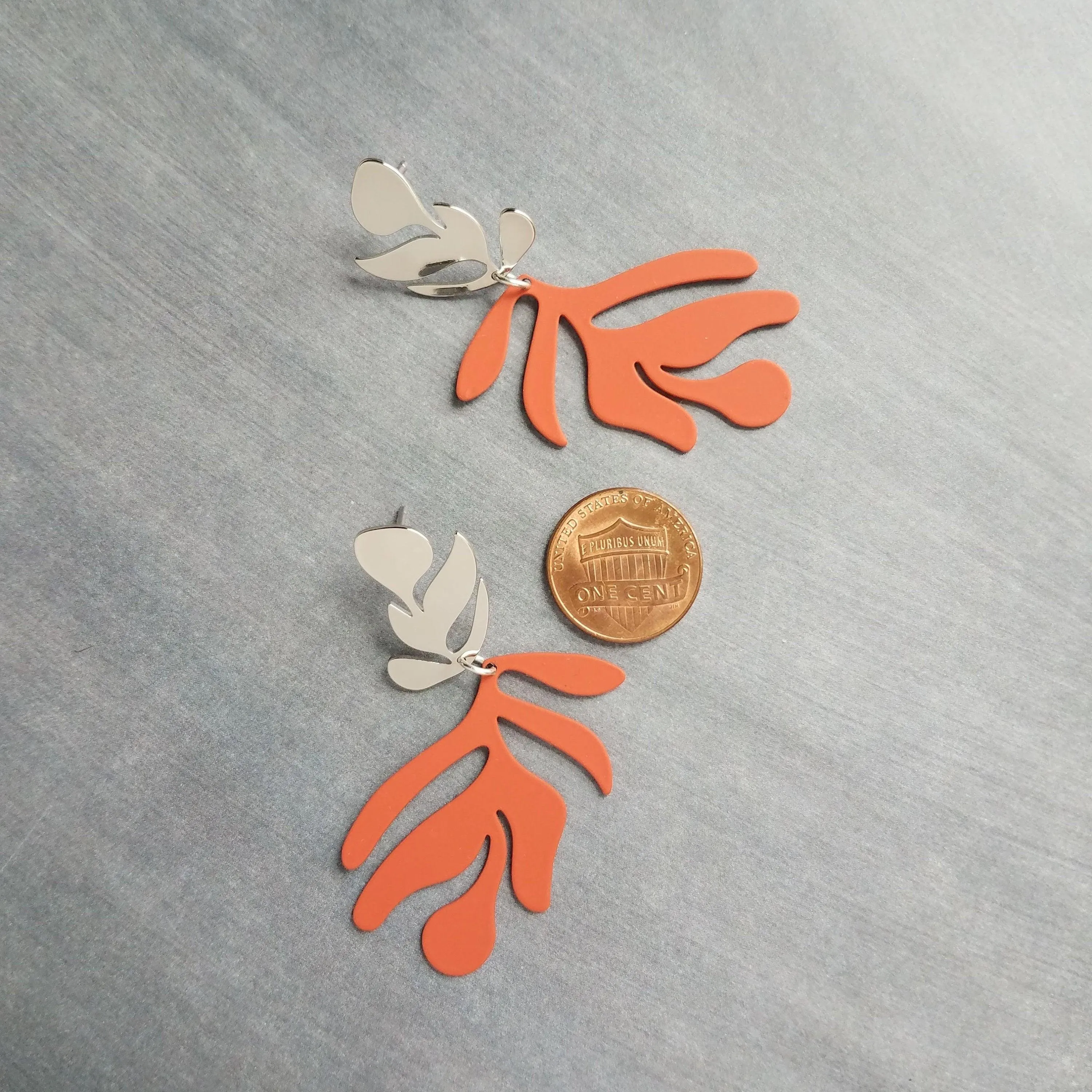 Burnt Orange Earrings, matte orange leaf earring, tropical leaf earring, monstera leaf, tropical earring, beach earring, large lightweight