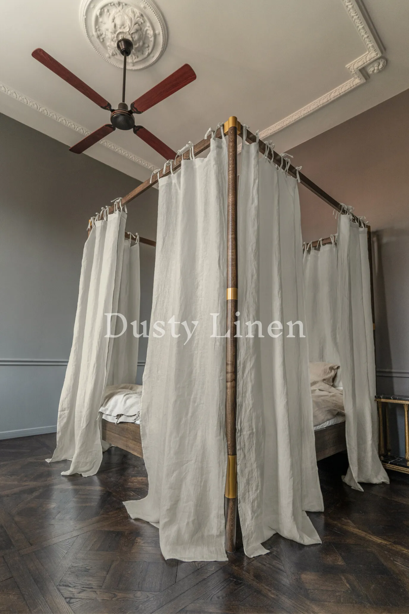 Canopy bed linen curtains with ties in Natural color (175 g/m2 density)