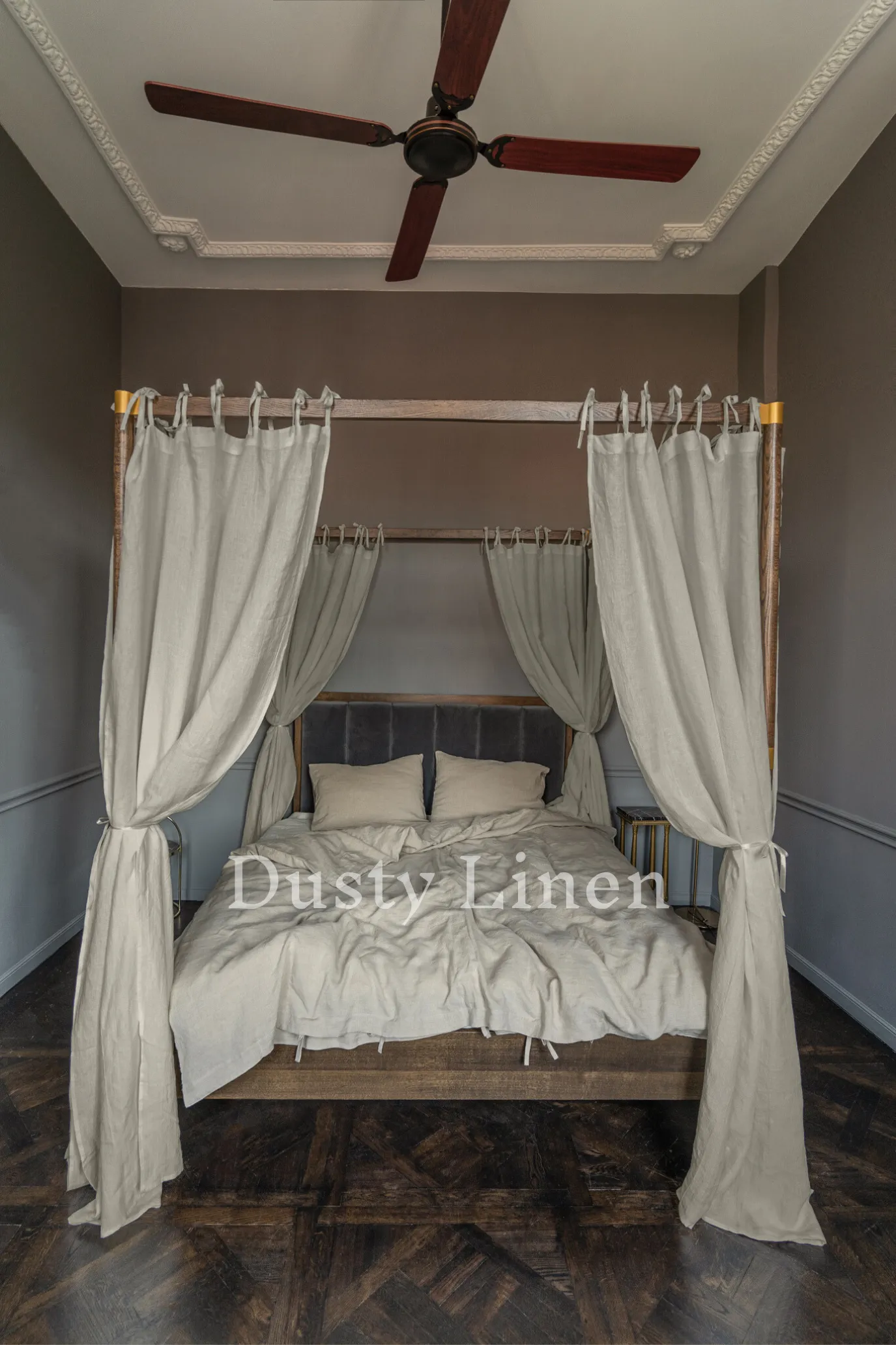 Canopy bed linen curtains with ties in Natural color (175 g/m2 density)