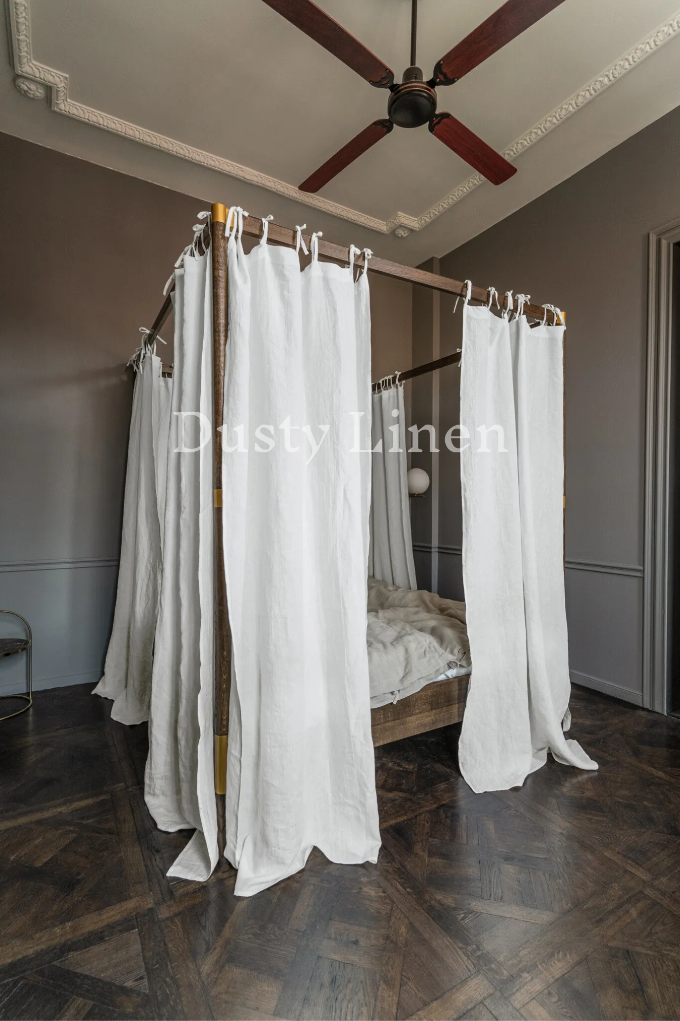Canopy bed linen curtains with ties in White color