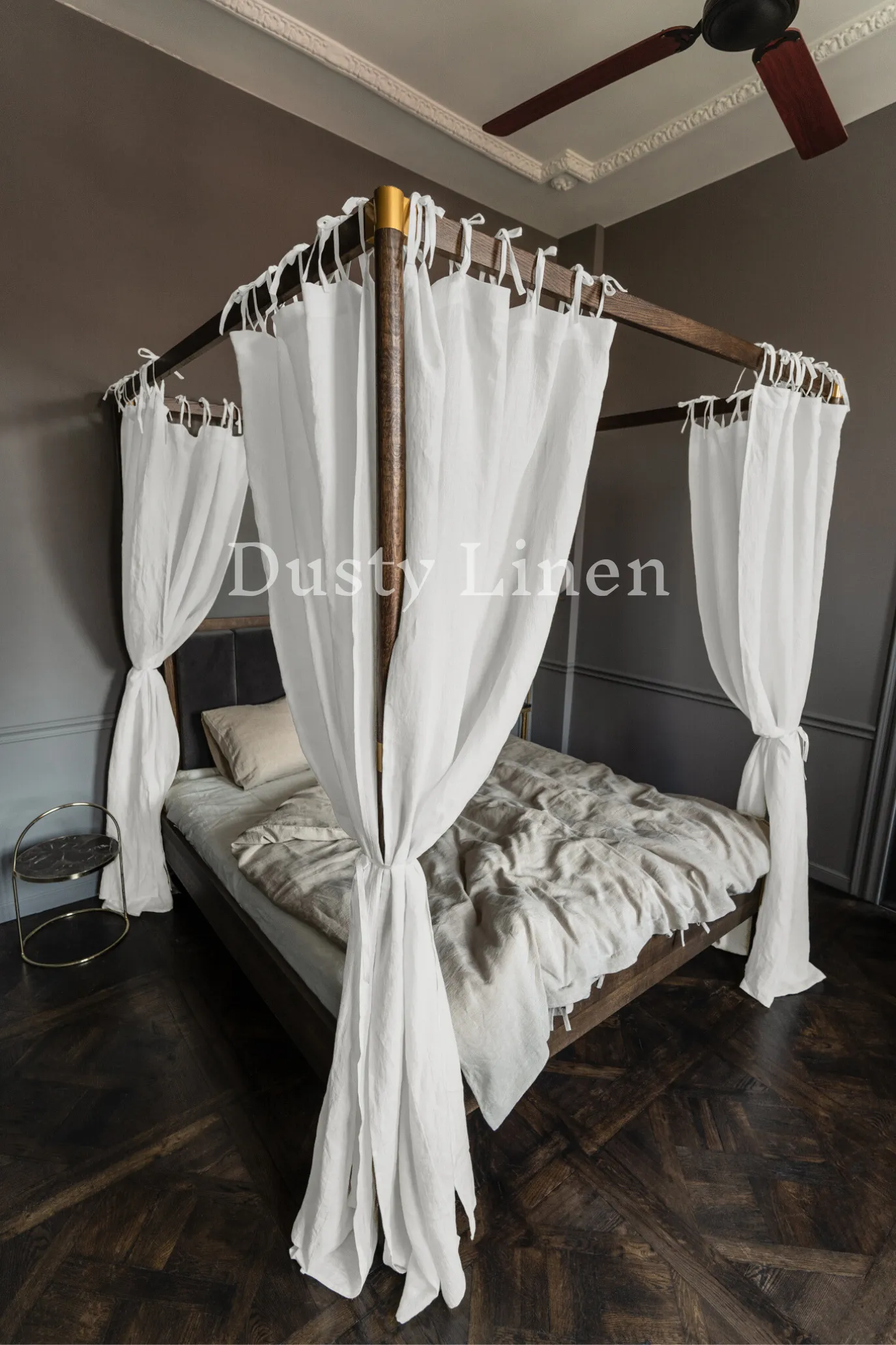Canopy bed linen curtains with ties in White color