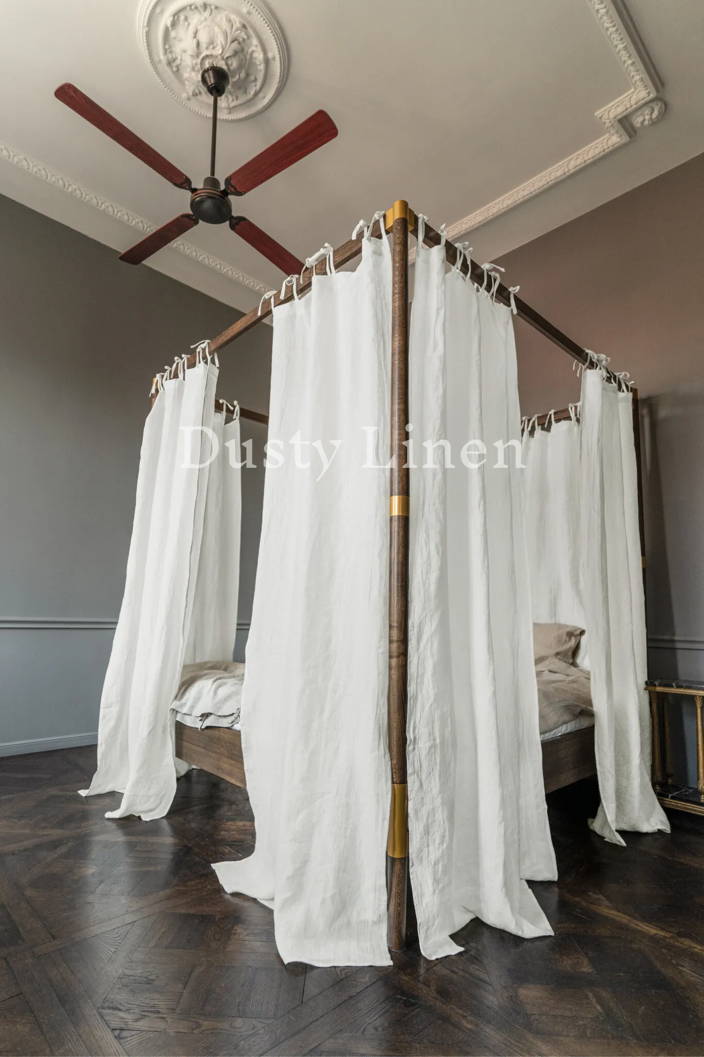Canopy bed linen curtains with ties in White color
