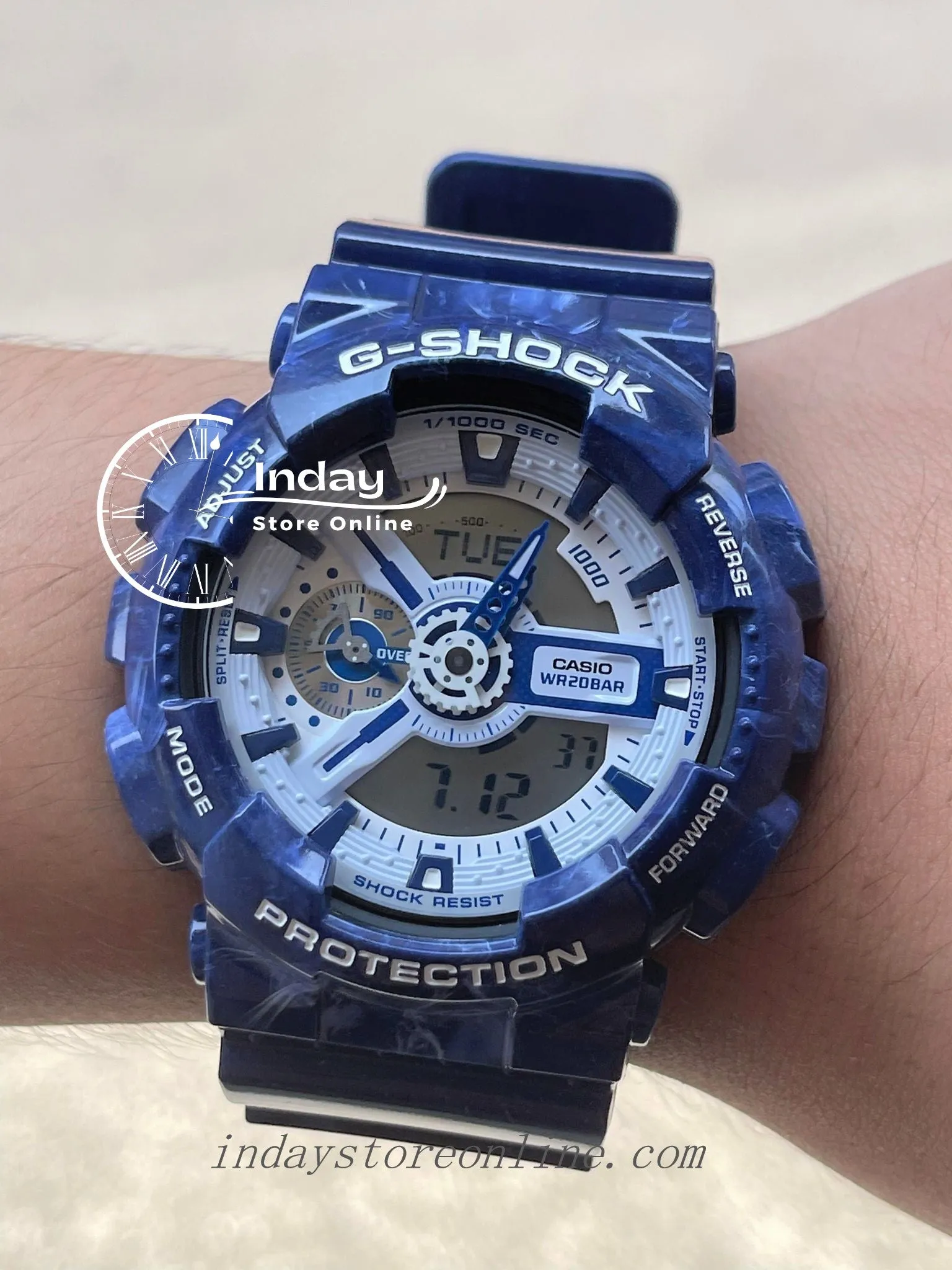 Casio G-Shock Men's Watch GA-110BWP-2A Analog-Digital GA-110 Series Blue and White Porcelain