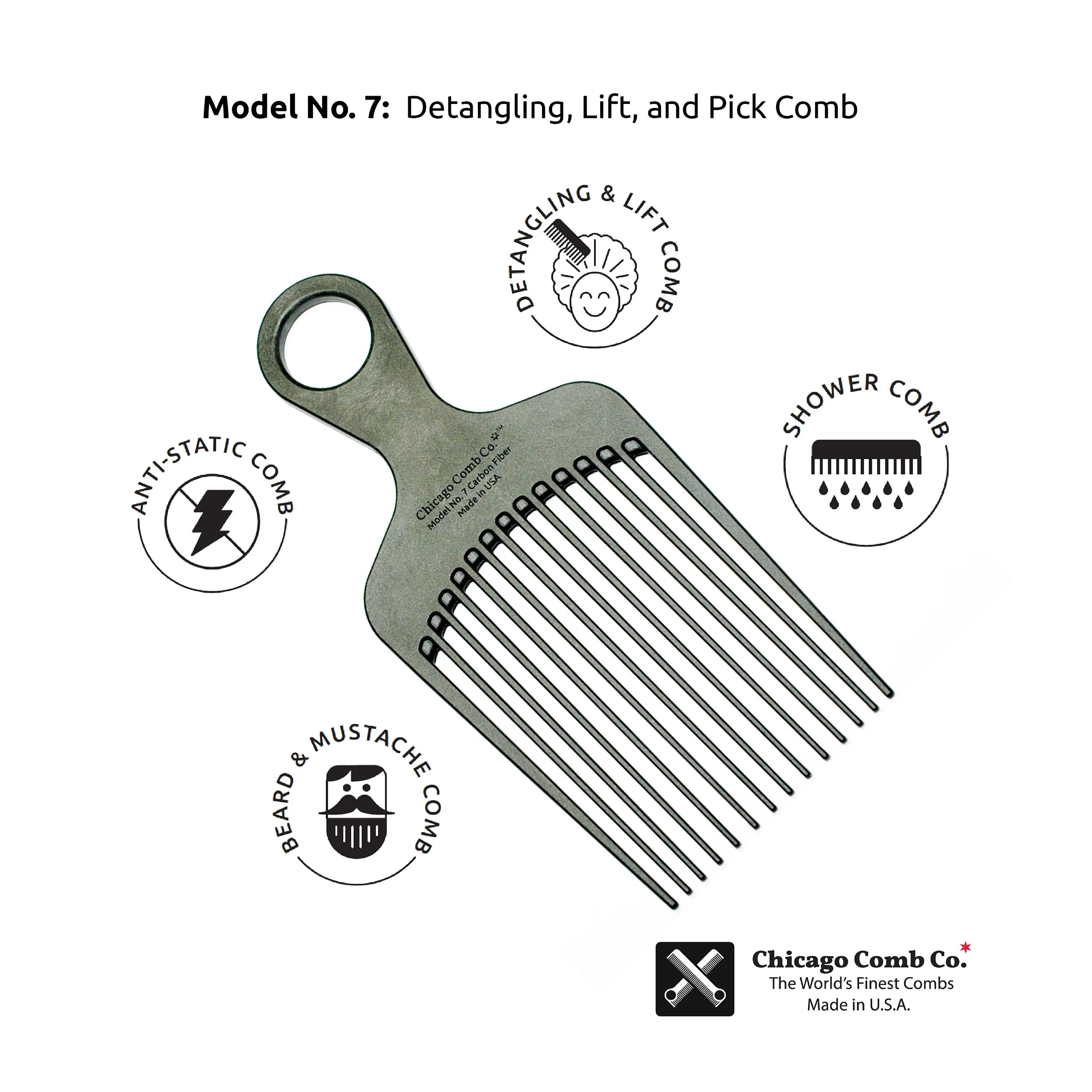Chicago Comb - Model No. 07 - Carbon Fiber Pick Comb