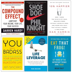 Compound Effect, Shoe Dog, 10% Happier, You Are a Badass, Life Leverage, Eat That Frog 6 Books Collection Set