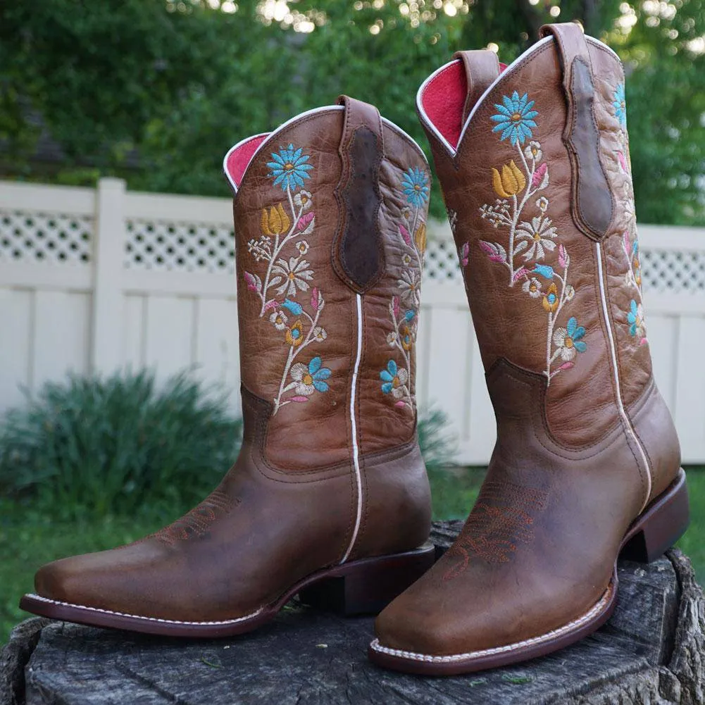 Daisy Women's Embroidery Square Toe Floral Cowgirl Boots (M9001)