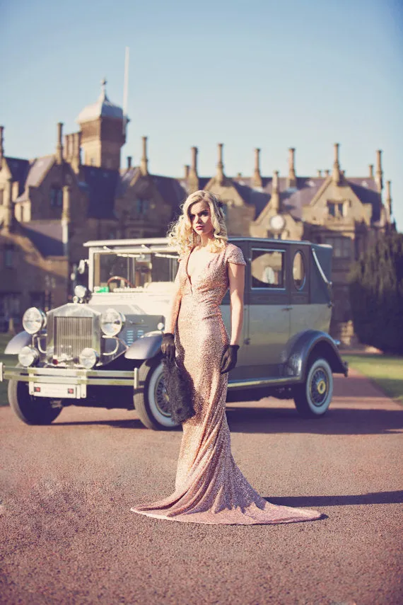 Deep V neck Rose Gold Sparkly Sequin Prom/Evening Dress,Shiny V neck Formal Evening Dress