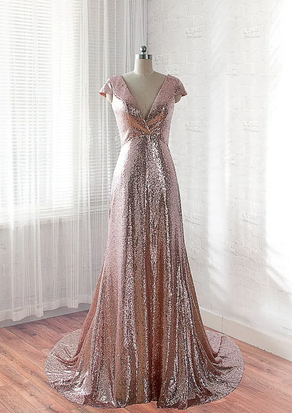 Deep V neck Rose Gold Sparkly Sequin Prom/Evening Dress,Shiny V neck Formal Evening Dress