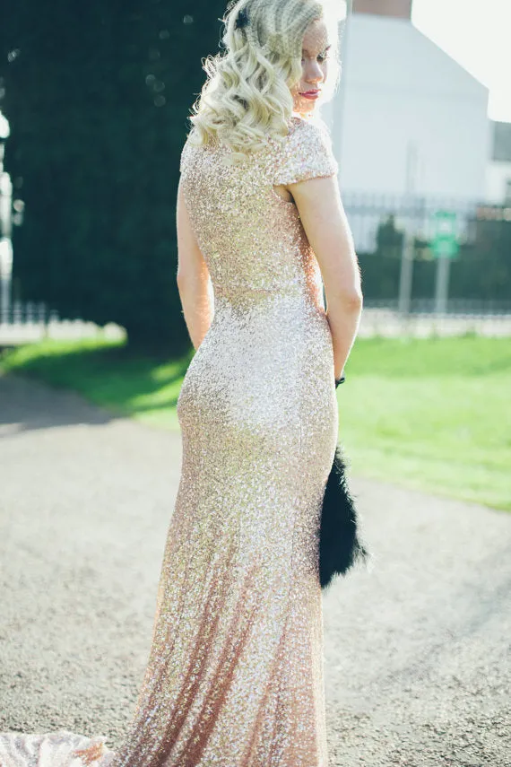 Deep V neck Rose Gold Sparkly Sequin Prom/Evening Dress,Shiny V neck Formal Evening Dress