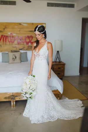Deep V Neck Wedding Dresses,Sweep Train Appliques Cheap Wedding Gown,SW82