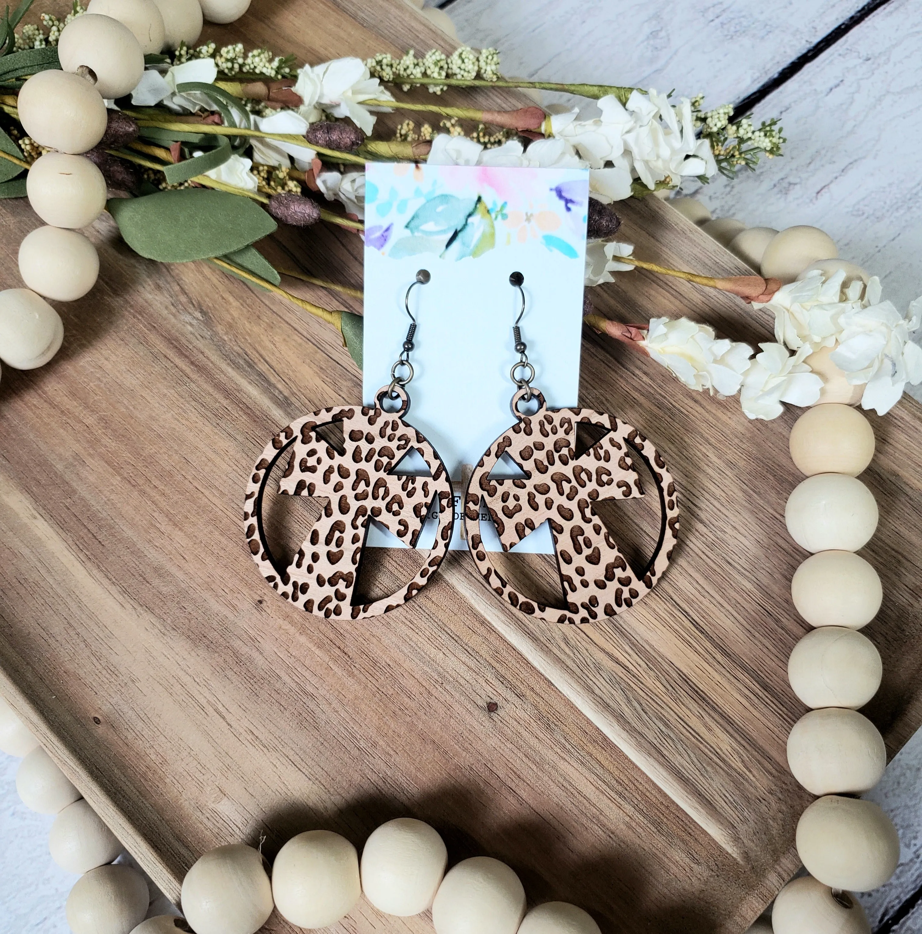Engraved Leopard, Round Cross Earrings