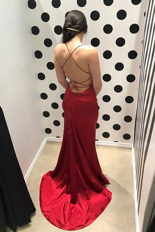 Fabulous Sheath Spaghetti Straps Lace-Up Red Sweep Train Long Prom Dress, M202