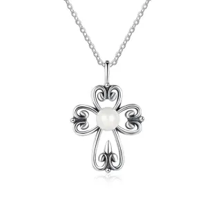 Fashion 925 Sterling Silver Necklace with Simulated Pearl Cross Pendant, Vintage Jewelry for Women