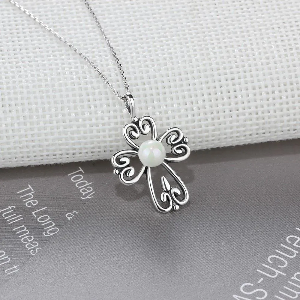 Fashion 925 Sterling Silver Necklace with Simulated Pearl Cross Pendant, Vintage Jewelry for Women