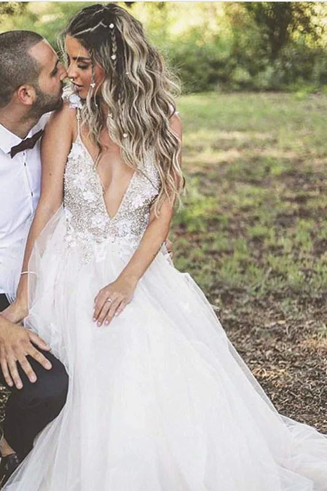Floral Open Back Deep V-neck Straps Tulle Appliques Prom Dresses Wedding Dress OK180